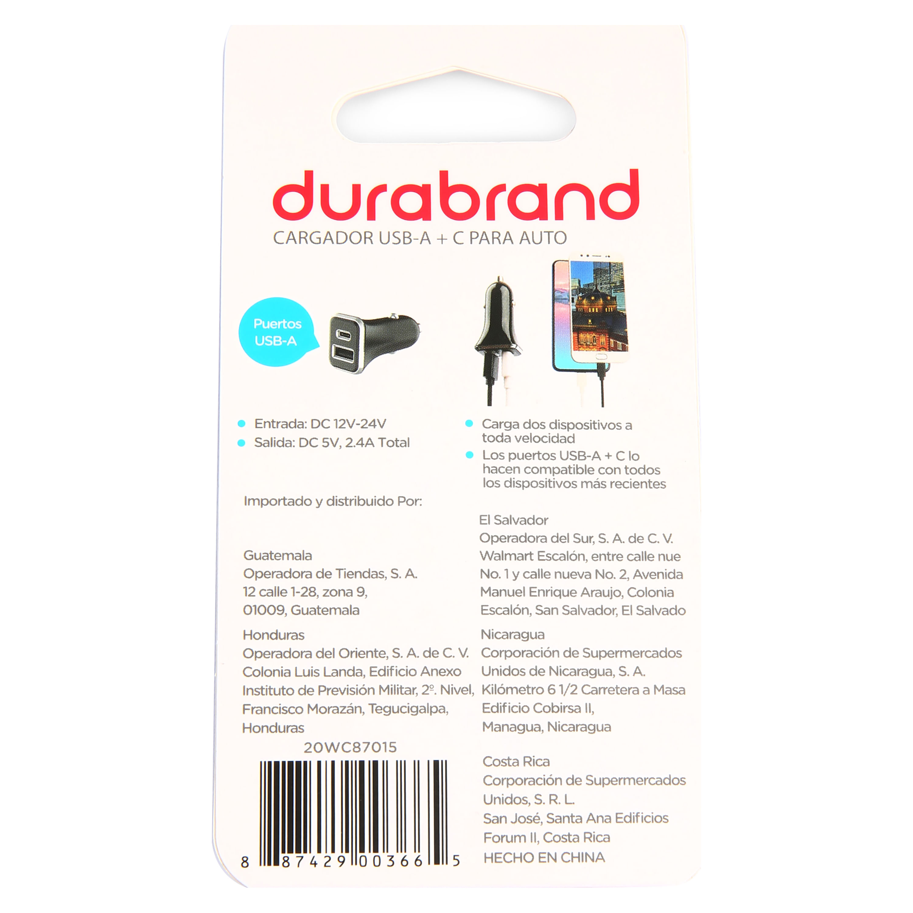Comprar Cargador Durabrand para Automóvil Usb-A+C Total 2.4A Modelo  20WC87015