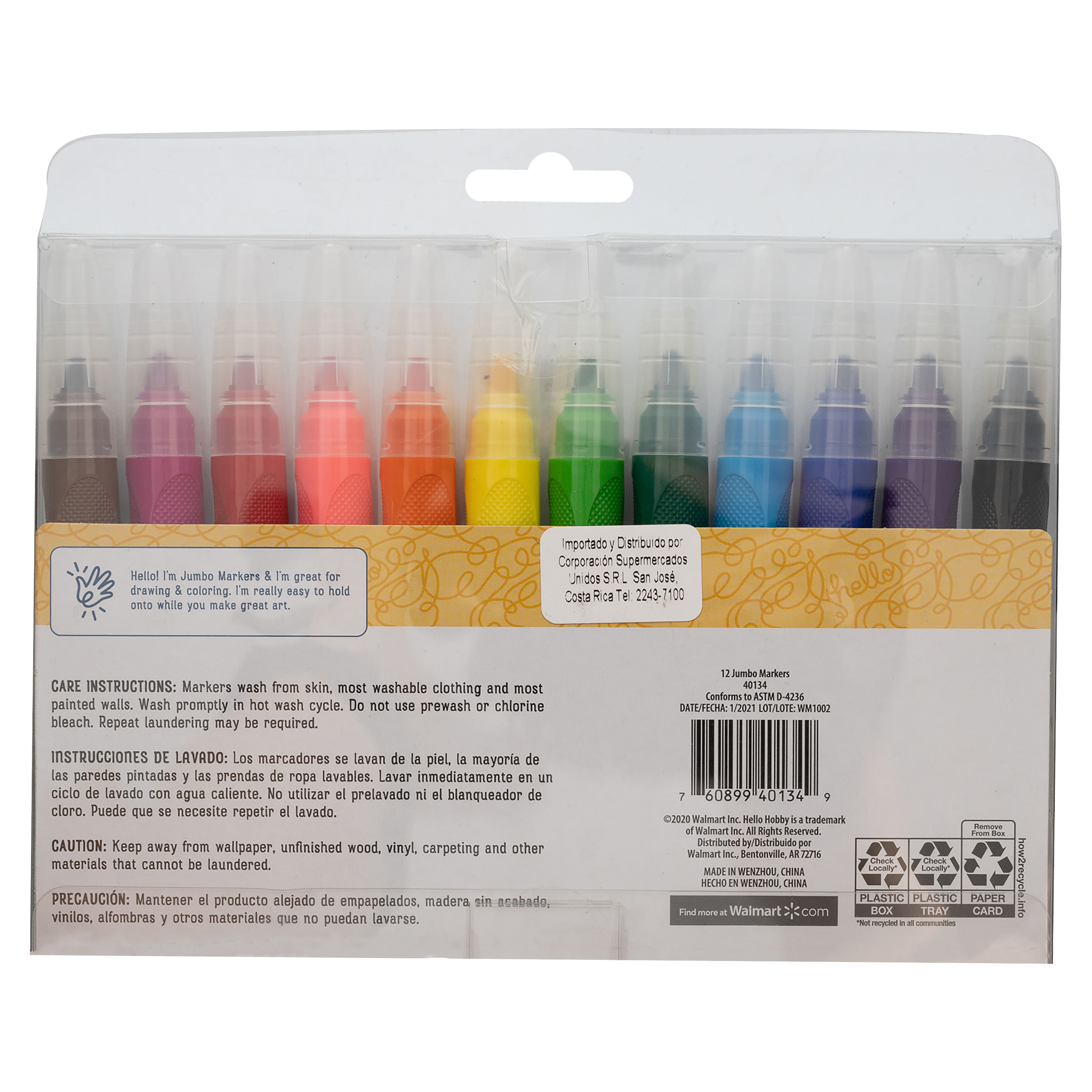 Hello Hobby 12 JUMBO MARKERS, CLASSIC COLORS, Non-Toxic Water-Based  Washable