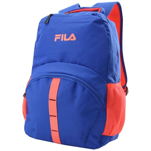 Mochila Juvenil Fila Con Malla En Laterales Para Botella Y Compartimiento Interno Para Laptop Color Azul Y Naranja