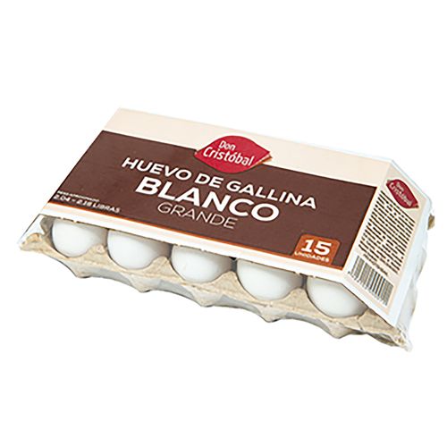 Huevo Blanco Marca Don Cristobal Tamaño Grande, Carton - 15 Uds