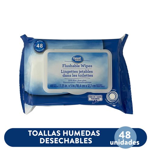 Toallas Desechables Flushable Húmedas Great Value, Hipoalergénico Con Aloe - 48Uds