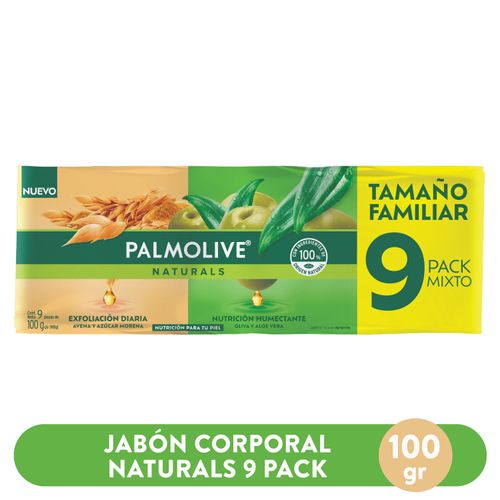 Jabón Corporal Palmolive Naturals Oliva y Aloe Vera, Avena y Azúcar Morena 9 Pack - 100g