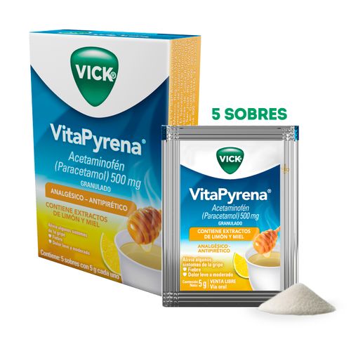 Analgésico Antipirético Vick VitaPyrena Con Extractos De Limón Y Miel Sobres 5g - 5 Unidades