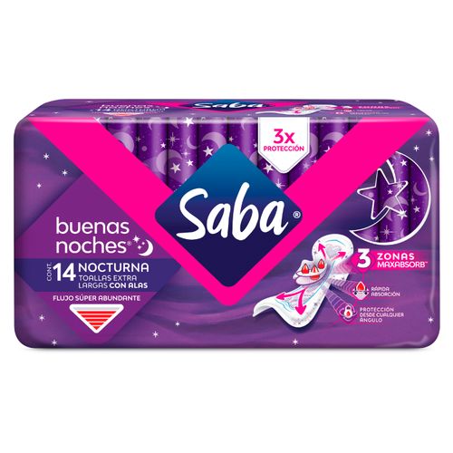 Toallas Femeninas Saba Nocturna Flujo Súper Abundante Extra Larga Con Alas - 14Uds