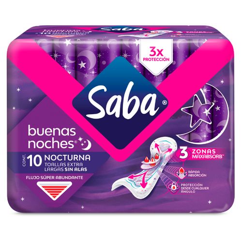 Toallas Femeninas Saba Nocturna Flujo Súper Abundante Sin Alas- 10Uds