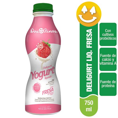 Yogurt Dos Pinos Líquido Fresa, Semidescremado Con Probióticos, Fuente De Calcio Y Vitamina A - 750ml