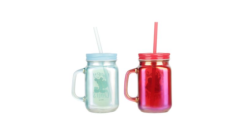 BLUEPOLAR Paquete de 2 vasos de vidrio para agua de 13 oz/13.5 fl oz, tazas  de café de vidrio con tapas y pajitas, tazas de té helado, tazas de vidrio