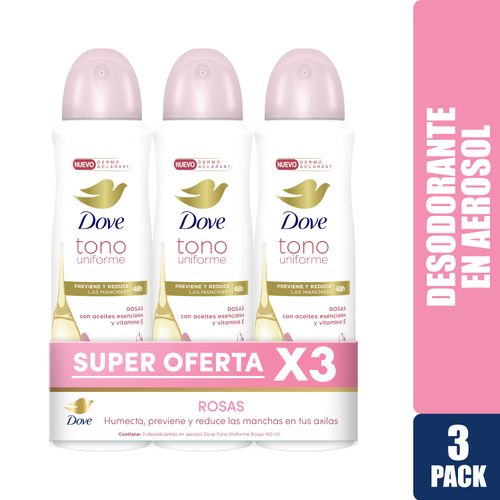 Desodorante Dove Dama Tono Uniforme Rosas Y Vitamina E Aerosol 3 Pack - 150ml