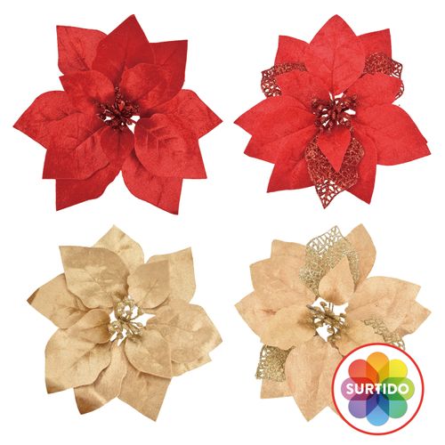 Flor De Navidad Marca Holiday Time Roja O Dorada Con Clip