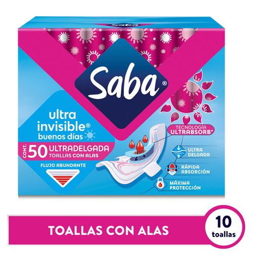 Toallas Sanitarias Saba Ultrainvisible Ultradelgada Flujo Abundante Con Alas - 50Uds