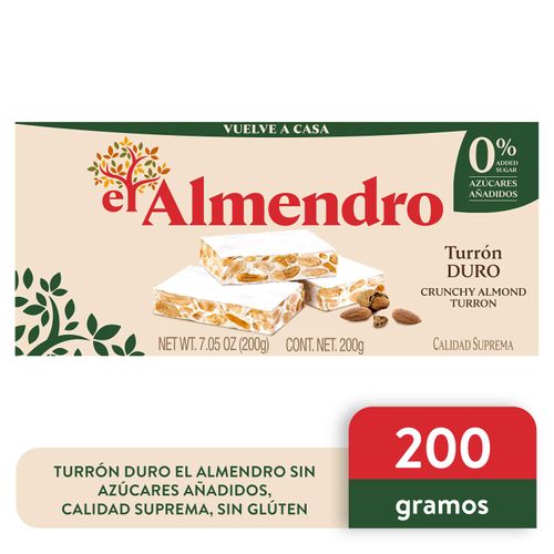 Turrón Duro El Almendro Sin Azúcares Añadidos, Calidad Suprema, Sin Glúten - 200g