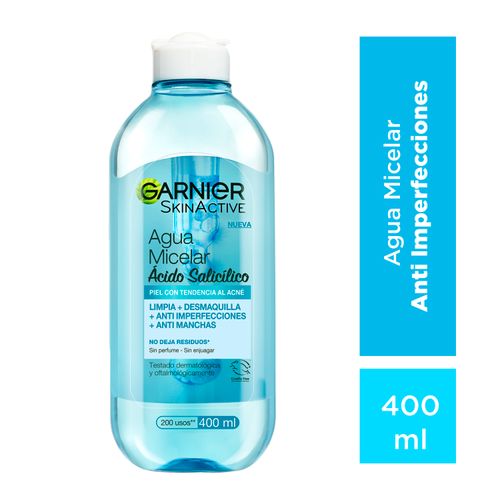 Agua Micelar Garnier, Anti Imperfecciones Express Aclara tratamiento concentrado (Ácido Salicílico + Vitamina C) -400ml