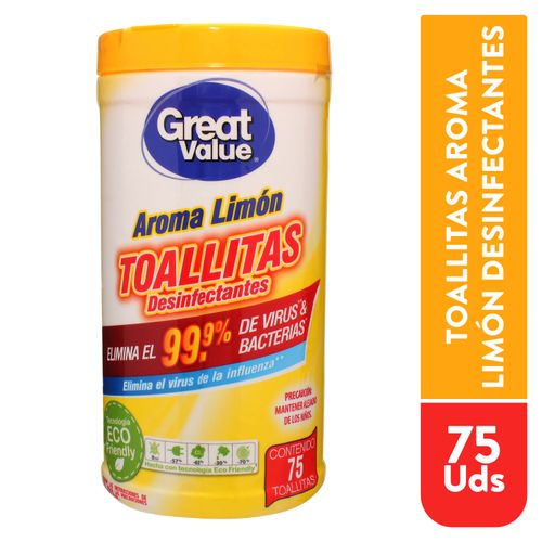 Toalla Humeda Great Value Humectada Con Solucion Desinfectante Para Superficies Aroma Limon