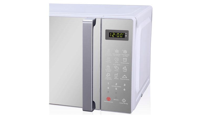 Microondas Digital Oster 0.7 Pies Cubicos Color Blanco Puerta Negra,  Apertura De Puerta Con Agarradera, Reloj Digital Y Seguro De Niños