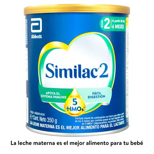 Fórmula Infantil Similac 2 con 5 HMO, sin sacarosa, mezcla única de nutrientes esenciales, hierro, DHA, luteína. - 350 g
