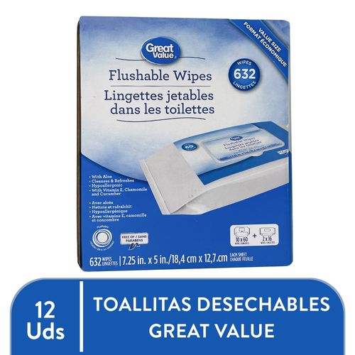 Toallas Desechables Flushable Húmedas Marca Great Value, Hipoalergénico Con Aloe -  632Uds