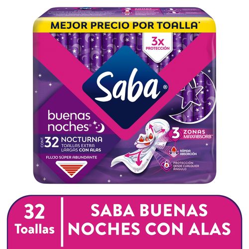 Toallas Femeninas Saba Nocturna Flujo Súper Abundante Con Alas - 32Uds