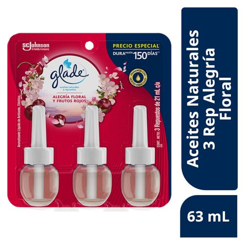 Aromatizante Glade Aceites Naturales 3 Repuestos Alegría Floral y frutos Rojos 63 ml