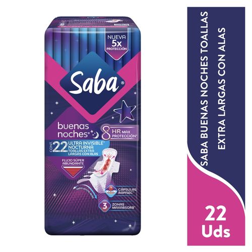 Toallas Femeninas Saba Nocturna Ultra Invisible Ultradelgada Flujo Súper Abundante Con Alas - 22Uds