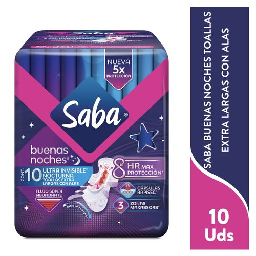 Toallas Femeninas Saba Nocturna Ultra Invisible Ultradelgada Flujo Súper Abundante Con Alas - 10Uds