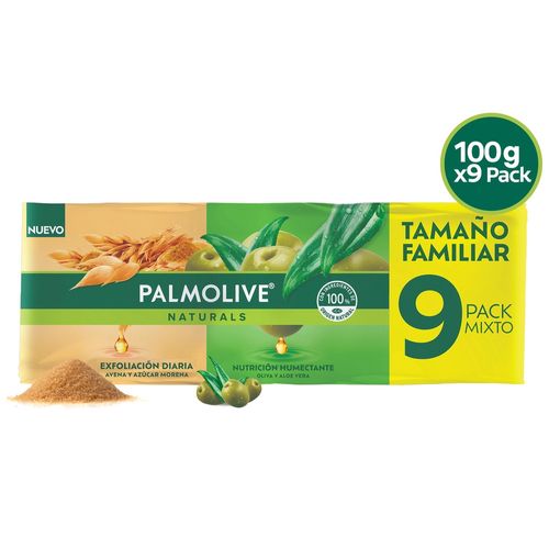 Jabón Corporal Palmolive Naturals Oliva y Aloe Vera, Avena y Azúcar Morena 9 Pack - 100g