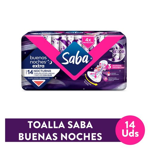 Toallas Femeninas Saba Nocturna Flujo Súper Abundante Extra Larga Con Alas - 14Uds