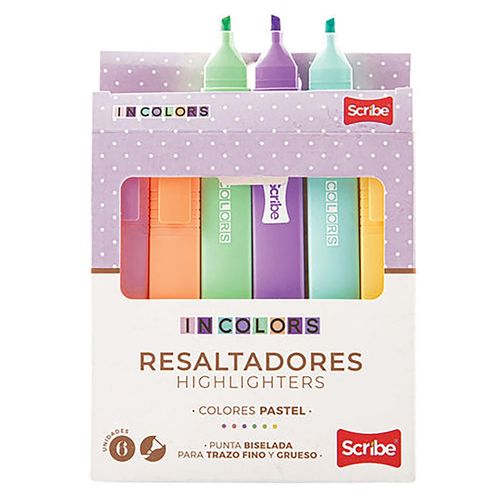 Resaltador Incolors Unipunta Marca Scribe Pastel 6 puntas