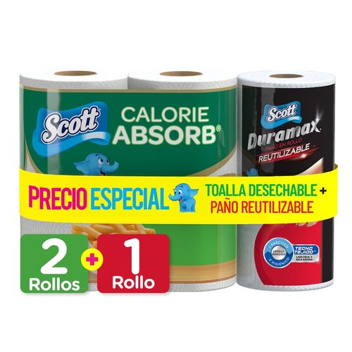 Pack Toalla de Papel Desechable Scott Calorie Absorb 2 Uds + Toalla de Papel Reutilizable Scott Duramax 1 Ud