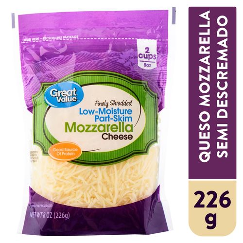 Queso Great Value Mozzarella Rallado Semi Descremado - 226 g
