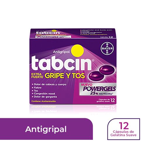 Antigripal Gel Tabcin Para Gripe Y Tos, Extra Fuerte - 12 Cápsulas