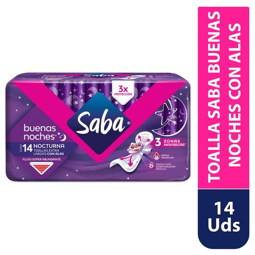 Toallas Femeninas Saba Nocturna Flujo Súper Abundante Extra Larga Con Alas - 14Uds