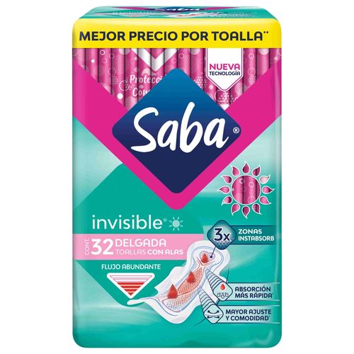 Toallas Femeninas Saba Invisible Delgada Flujo Moderado Con Alas - 32Uds