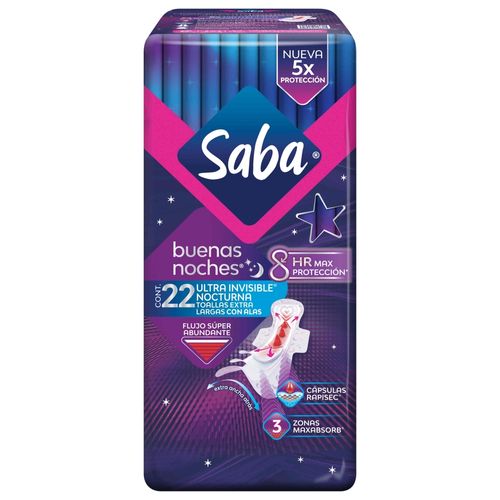 Toallas Femeninas Saba Nocturna Ultra Invisible Ultradelgada Flujo Súper Abundante Con Alas - 22Uds