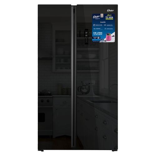 Refrigerador Oster 15 pies Side by Side con puertas de vidrio negro