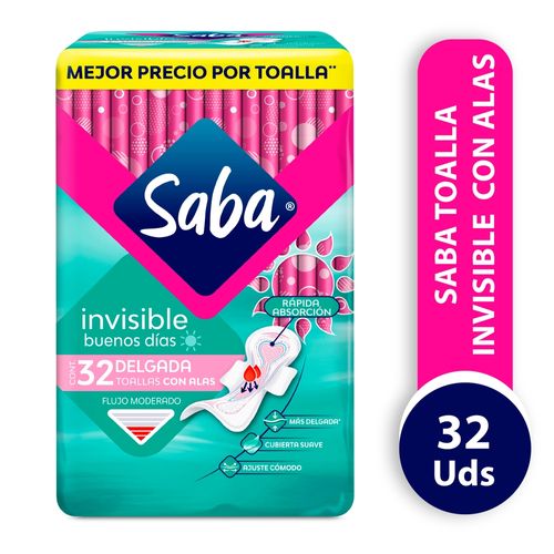 Toallas Femeninas Saba Invisible Delgada Flujo Moderado Con Alas - 32Uds