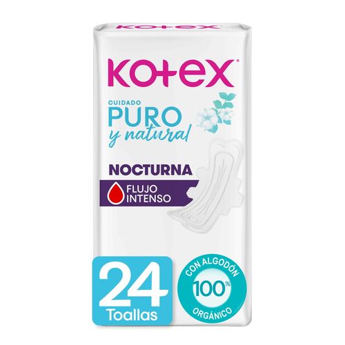 Toallas Higiénicas Kotex Puro y Natural Nocturna - 24 Unidades