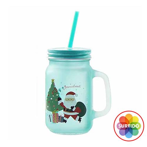 Jarra Holiday Time de vidrio con tapa y pajilla surtido