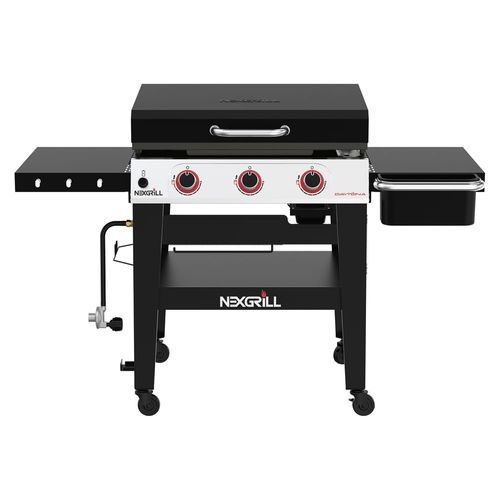 Parrilla Nexgrill con plancha a gas de 3 quemadores con bandejas laterales y ruedas para fácil movilidad color negro