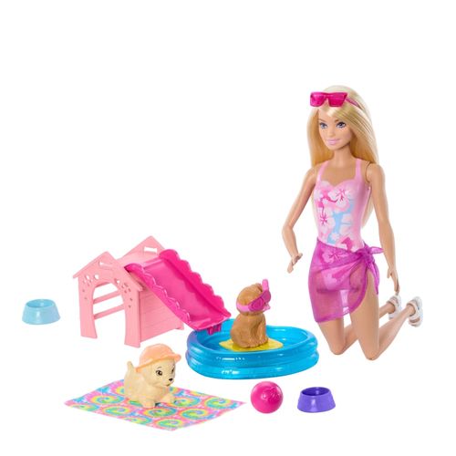 Muñeca Barbie fiesta en la piscina con perritos