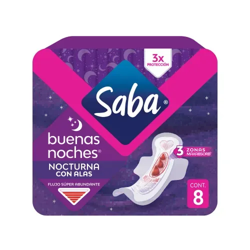 Toallas Femeninas Saba Nocturna Flujo Súper Abundante Con Alas - 8Uds