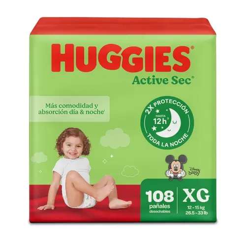 Pañales Huggies Active Sec Etapa 4/XG - 108 Unidades