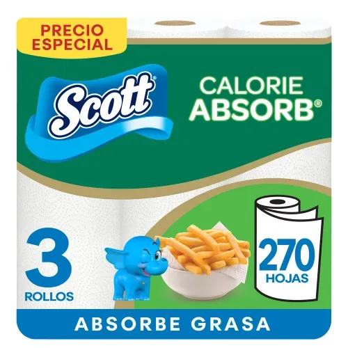Toalla de Papel Desechable Scott Calorie Absorb 90 hojas - 3 Rollos