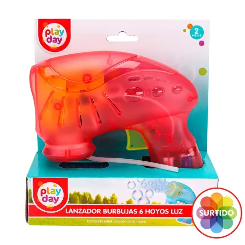 Lanzador Burbujas Play Day luz 6 hoyos con solución de burbujas de 60 ml