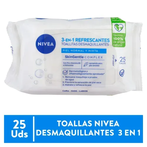Toallita Desmaquillante Refrescante Nivea Piel Normal, Para Ojos Y Cara Biodegradables - 25Uds