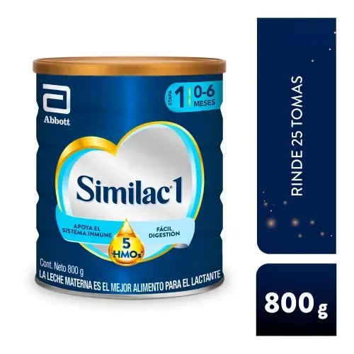 Fórmula Infantil Similac 1 con 5 HMO, sin sacarosa, mezcla única de nutrientes esenciales, hierro, DHA, luteína. - 800 g