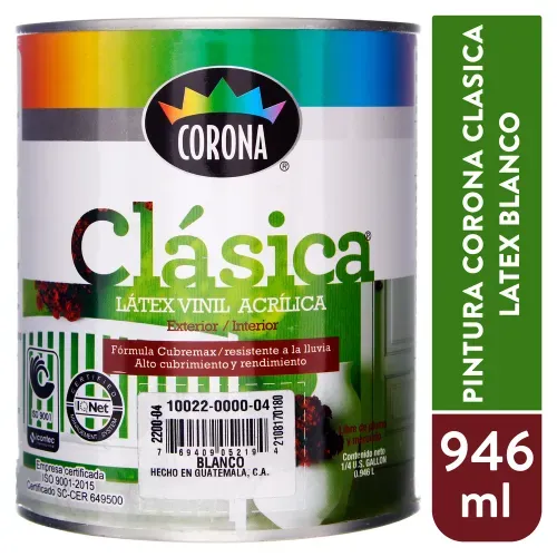 Pintura Látex Marca Corona Color Blanco Clásica - 946ml