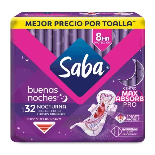 Toallas Femeninas Saba Buenas Noches con alas flujo súper abundante - 32 piezas
