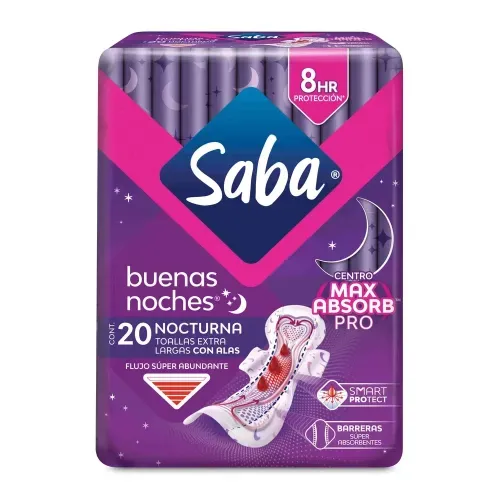 Toallas Femeninas Saba Buenas Noches con alas flujo súper abundante - 20 piezas