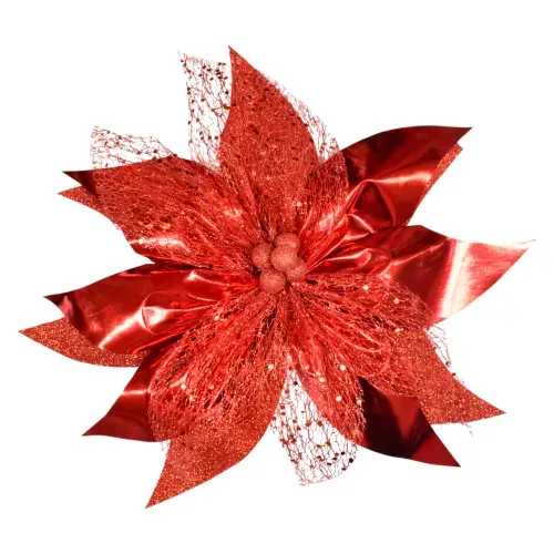 Moño Holiday Time de flor de pascua con bayas y clip Navidad - 30 x 30 cm