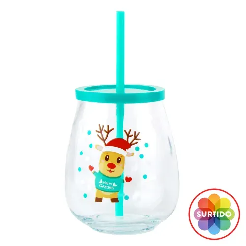 Vaso Holiday Time de vidrio con tapa y pajilla navideño surtido